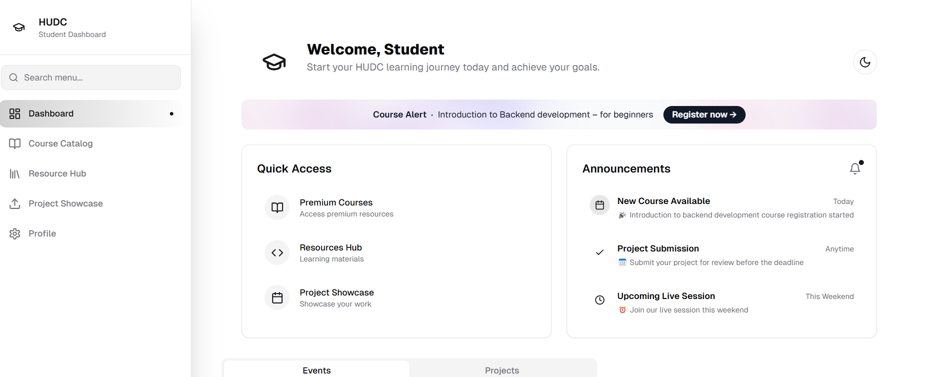 HUDC Student Dashboard Interface